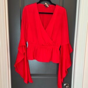 Express Vibrant Red Flared Sleeve Blouse